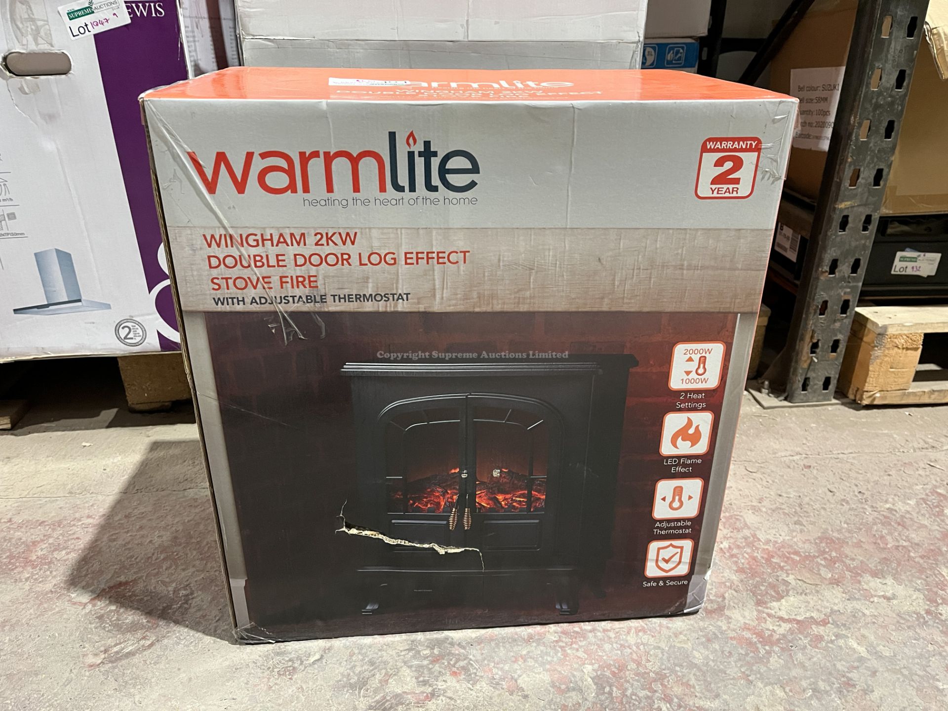 BRAND NEW WARMLITE 2KW DOUBLE DOOR LOG EFFECT STOVE FIRE WITH ADJUSTABLE THERMOSTAT R6-4