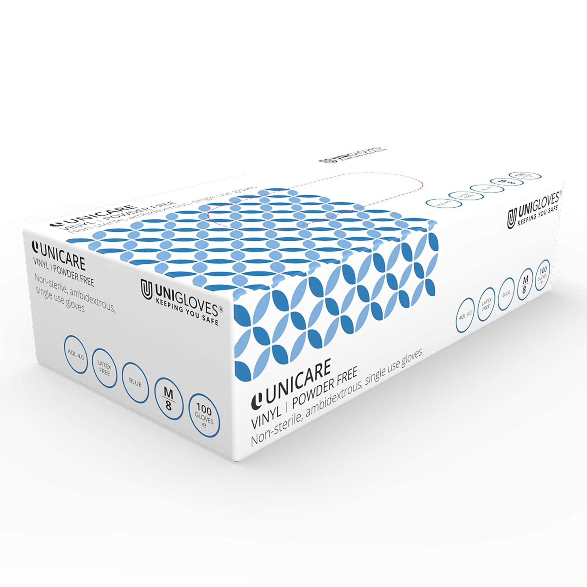 40 X BRAND NEW PACKS OF 100 UNICARE UNIGLOVES BLUE VINYL POWDERED NO STERILE AMBIDEXTROUS DISPOSABLE