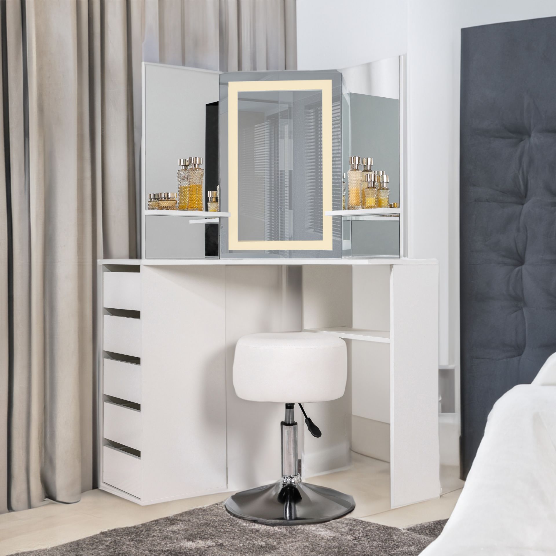 WHITE 5 DRAWER MAKE UP CORNER DRESSING TABLE WITH TOUCH LED MIRROR AND STOOL - WHITE RRP £349.99 - - Image 3 of 4