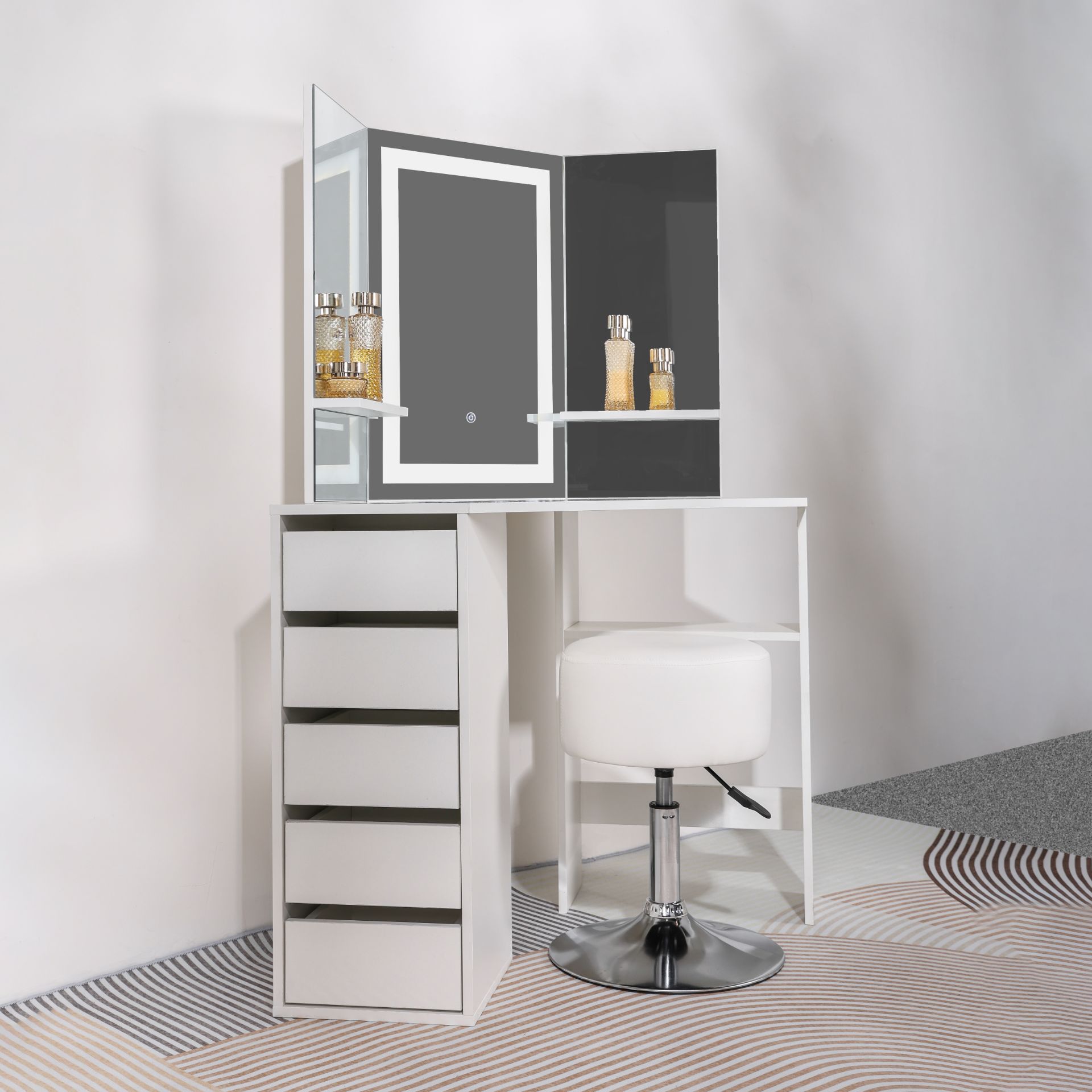 WHITE 5 DRAWER MAKE UP CORNER DRESSING TABLE WITH TOUCH LED MIRROR AND STOOL - WHITE RRP £349.99 - - Image 4 of 4