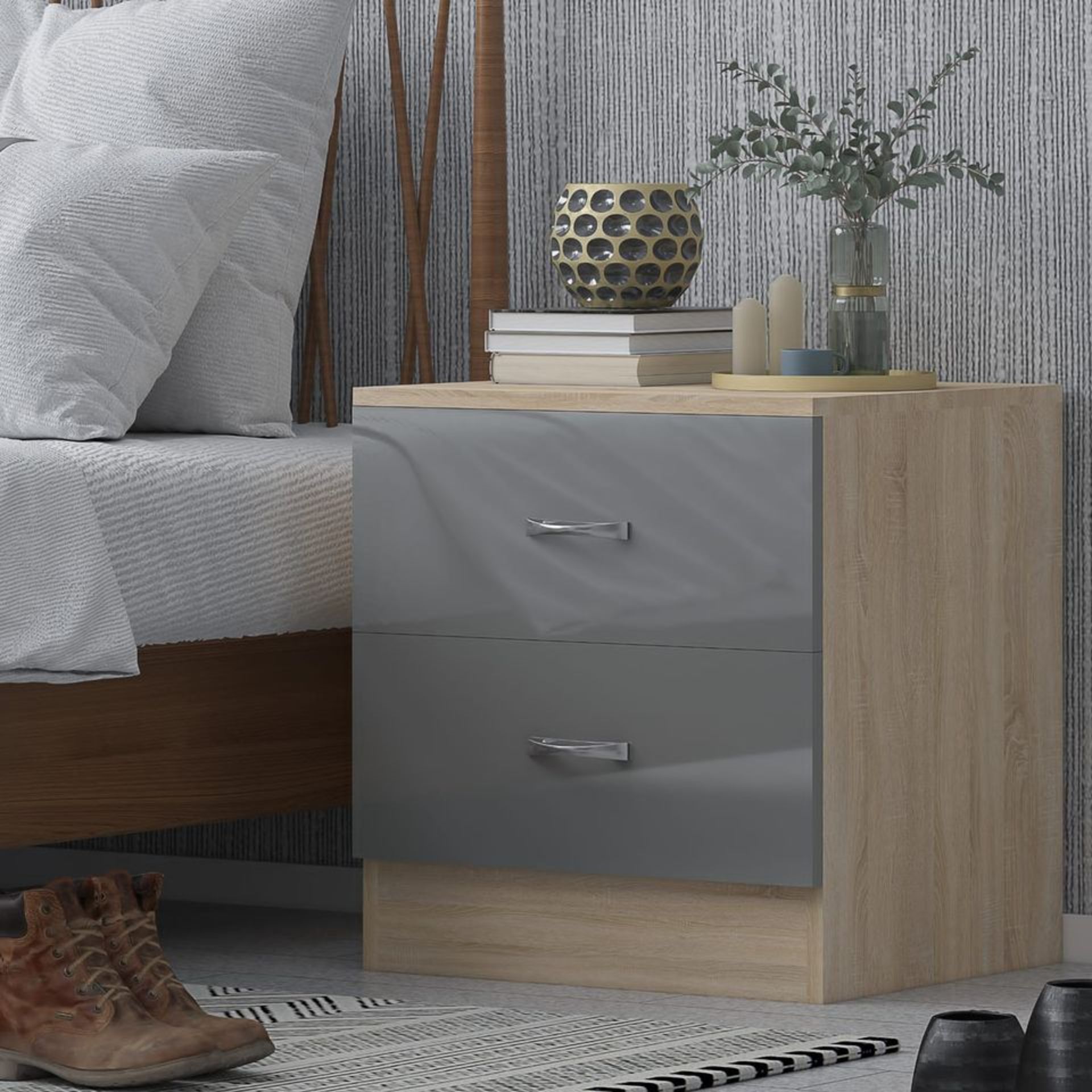 SET OF CHEST AND BEDSIDE - GREY GLOSS ON SONOMA OAK - 4 Drawer Chest - The 4 drawer chest is an - Image 2 of 5