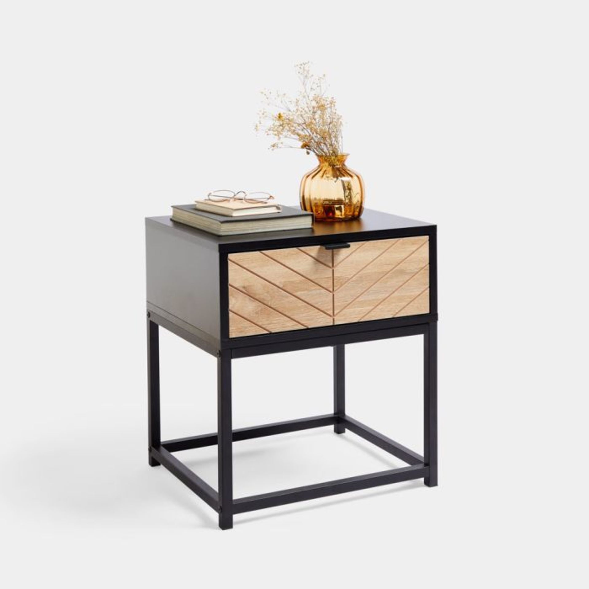 Dalton 1 Drawer Side Table. - ER36. The table features chevron detailing on a wood-effect body,