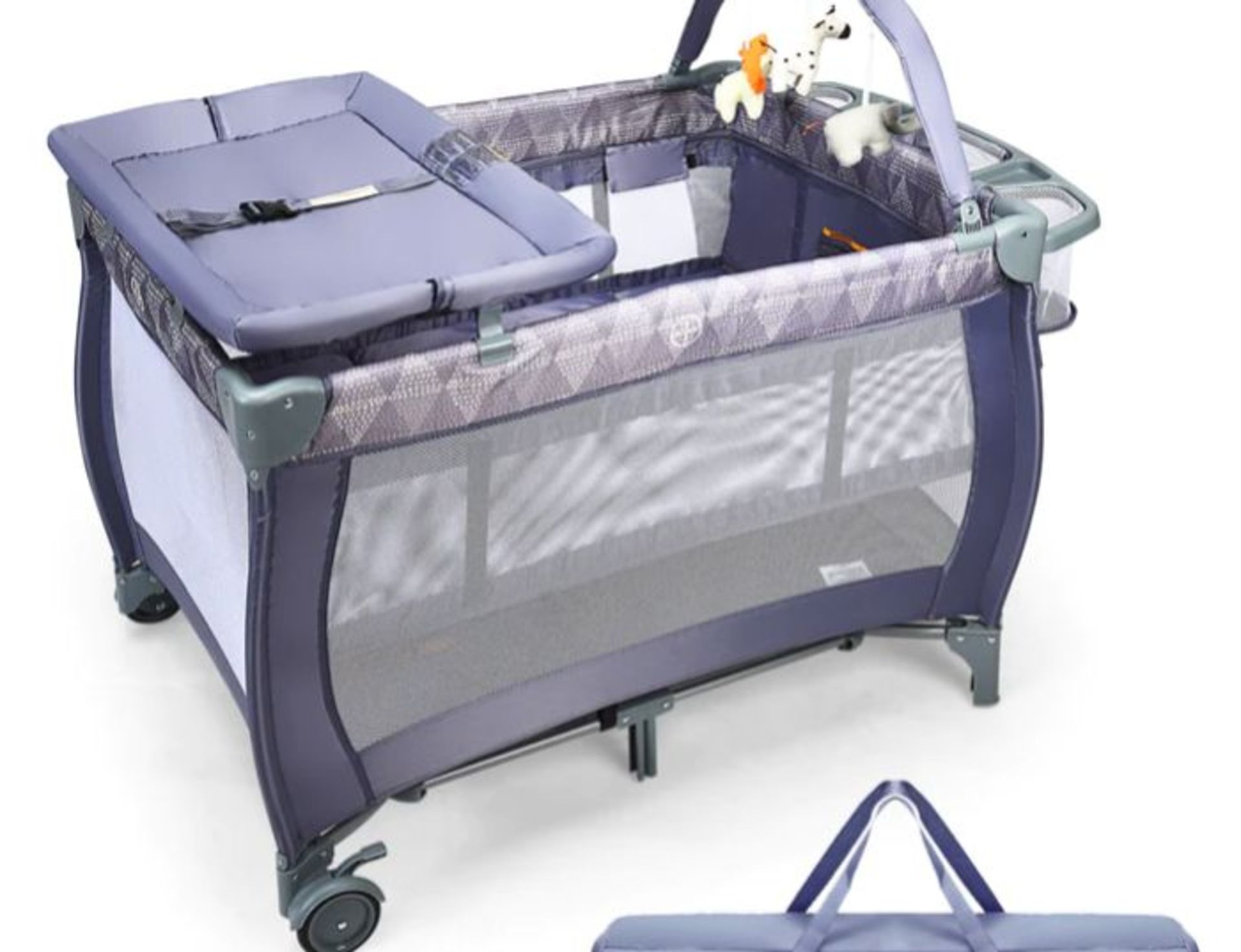 3 IN 1 CONVERTIBLE BASSINET COT WITH CHANGING TABLE AND TOY BAR-GREY. - ER25.