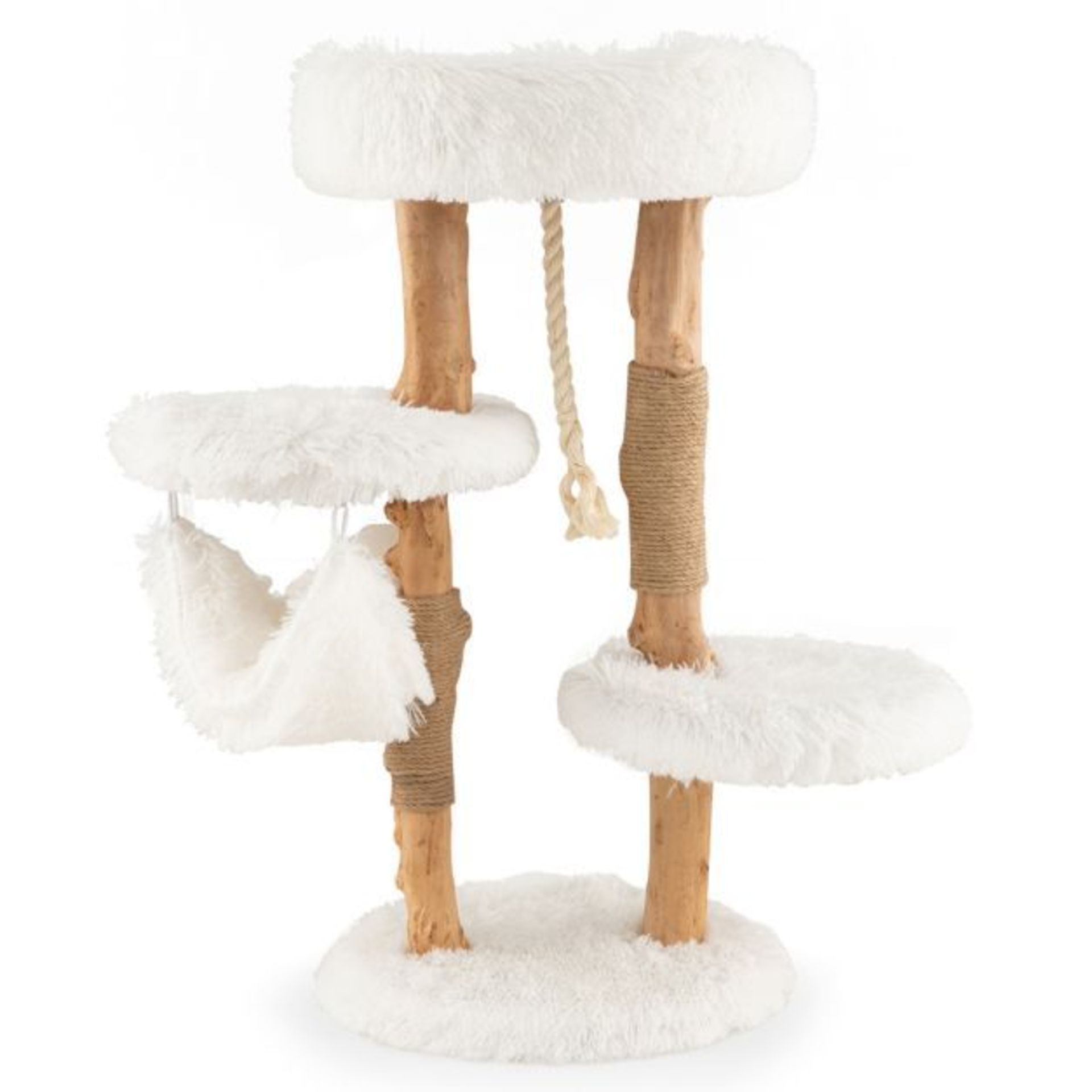 Solid Wood Cat Tower with Cozy Top Perch and 2 Platforms and 1 Hammock. - ER26. Made from natural