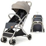 Folding Pushchair Adjustable Backrest Foot Stool Portable Light Grey Compact. -ER26.