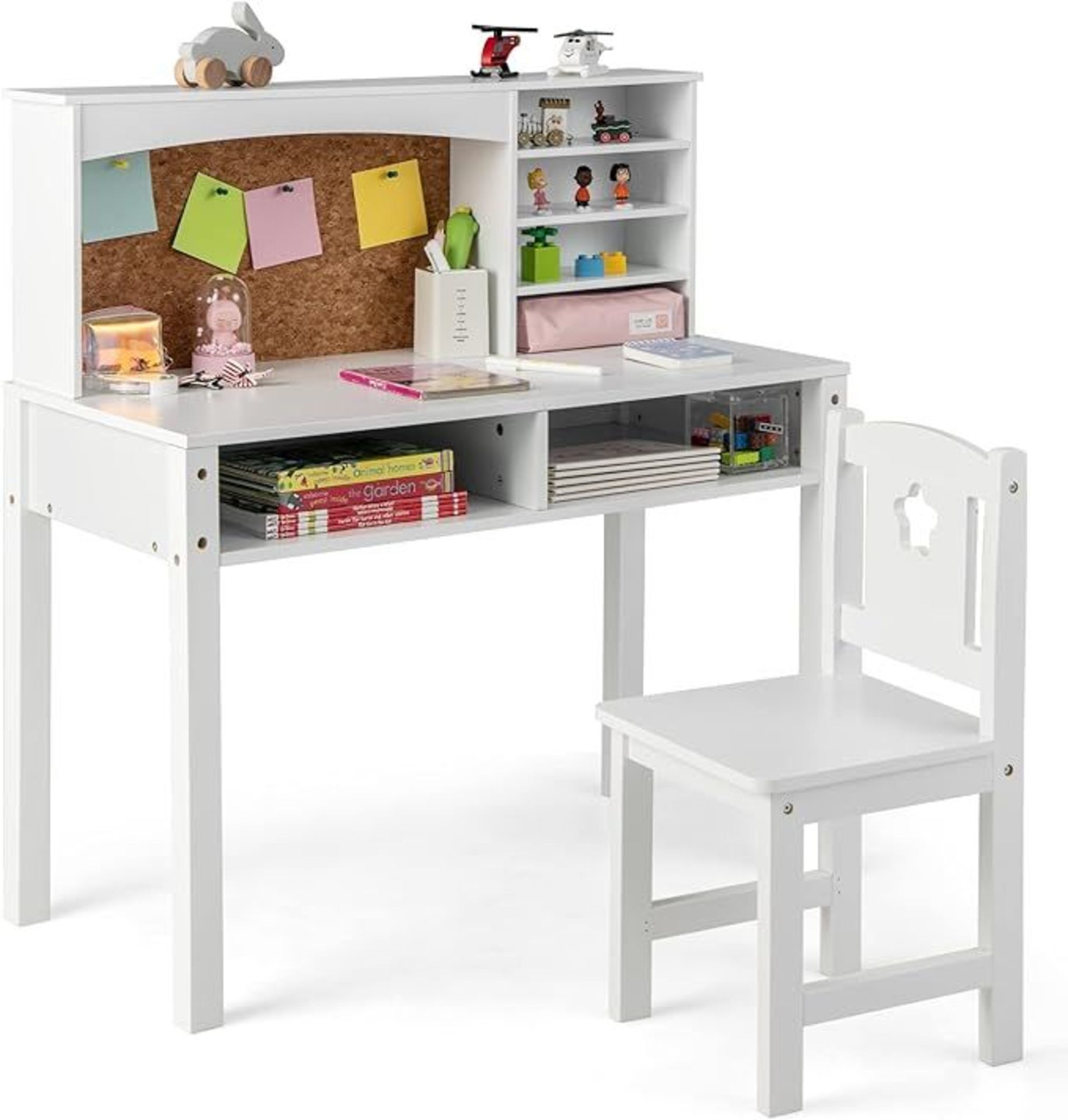 Costzon Kids Desk and Chair Set, Student Study Table with Chair, Hutch, Cork Bulletin Board, Storage