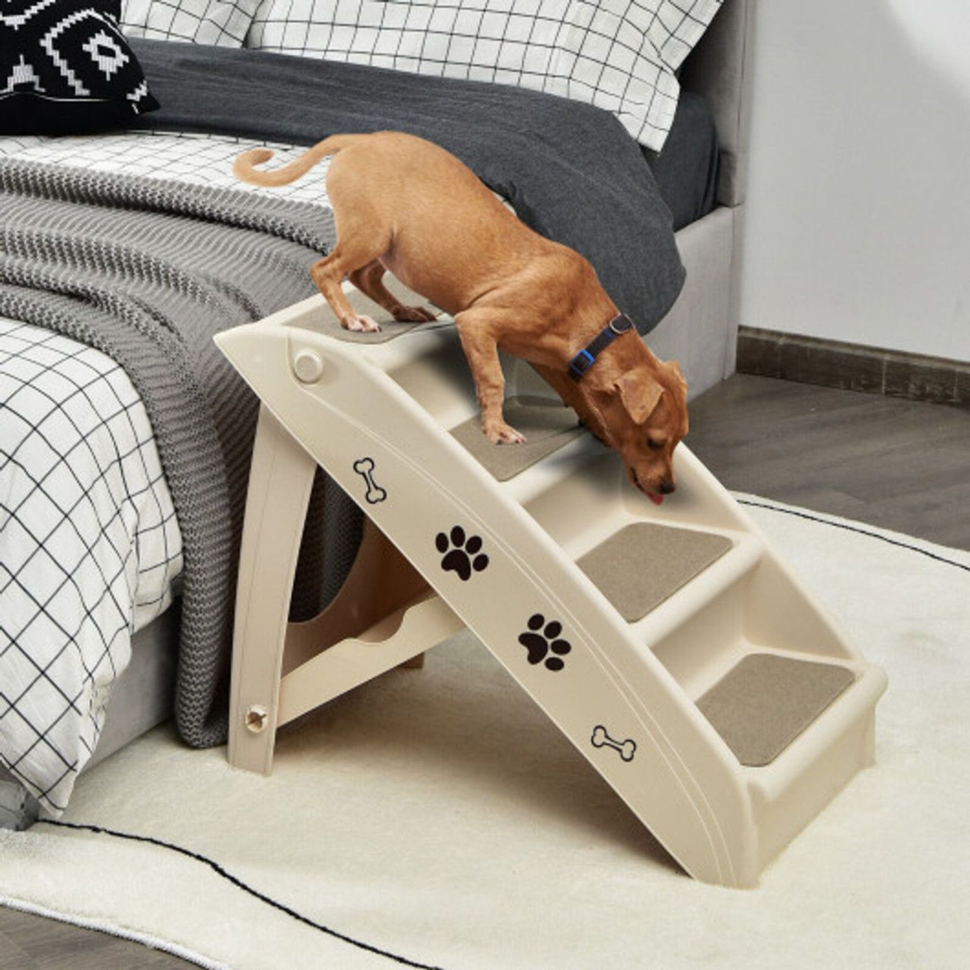 4 Steps Folding Pet Stairs With Safe Side Rail-Beige. - ER26.