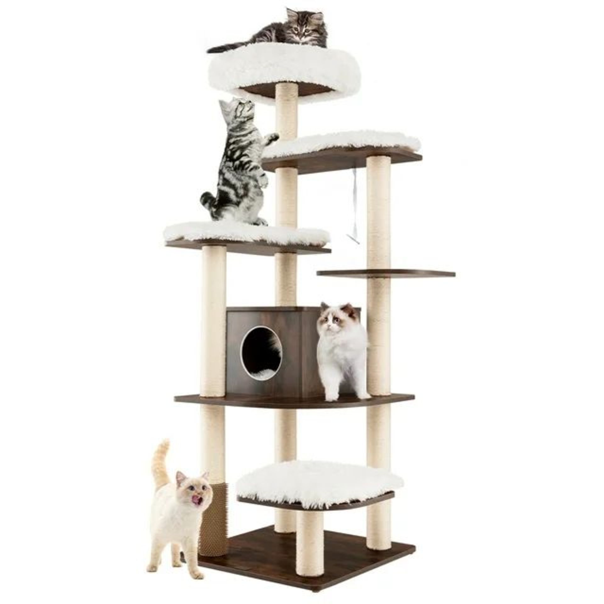 Wooden Cat Tree 71'' 7-Layer Cat Tower with Sisal Scratching Posts Perch & Cushions Brown. - ER26.