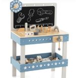 KIDS WOODEN PLAY WORKBENCH WITH BLACKBOARD AND TOOL PARTS SET-BLUE. - ER25.