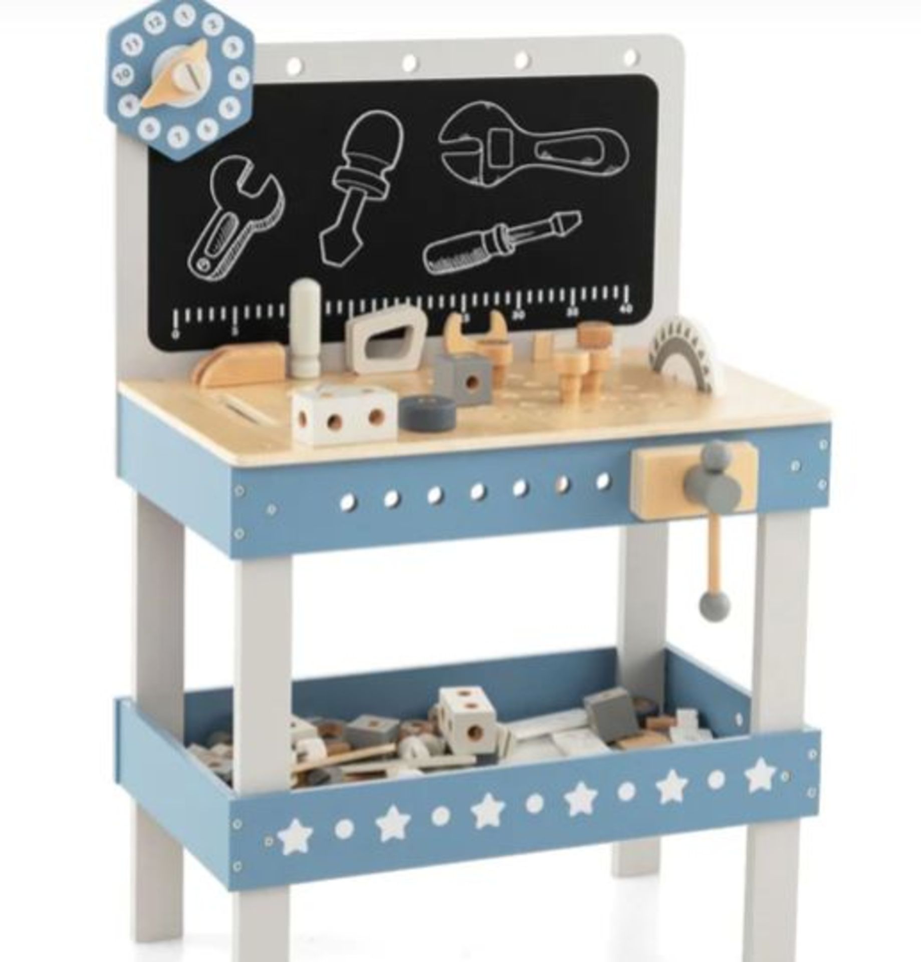 KIDS WOODEN PLAY WORKBENCH WITH BLACKBOARD AND TOOL PARTS SET-BLUE. - ER25.