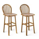 Set of 2 Bar Stools Spindle-Back Bar Height Rubber Wood Kitchen Chairs Natural. - ER25.