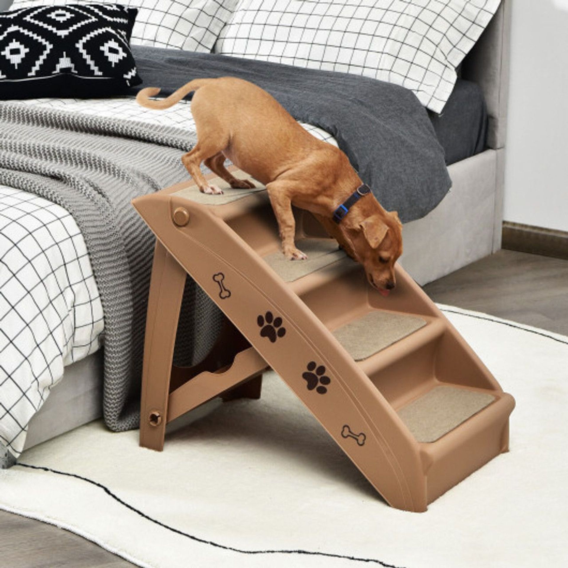 4 Steps Folding Pet Stairs With Safe Side Rail-Coffee. - ER26. Pet stairs that your pets will