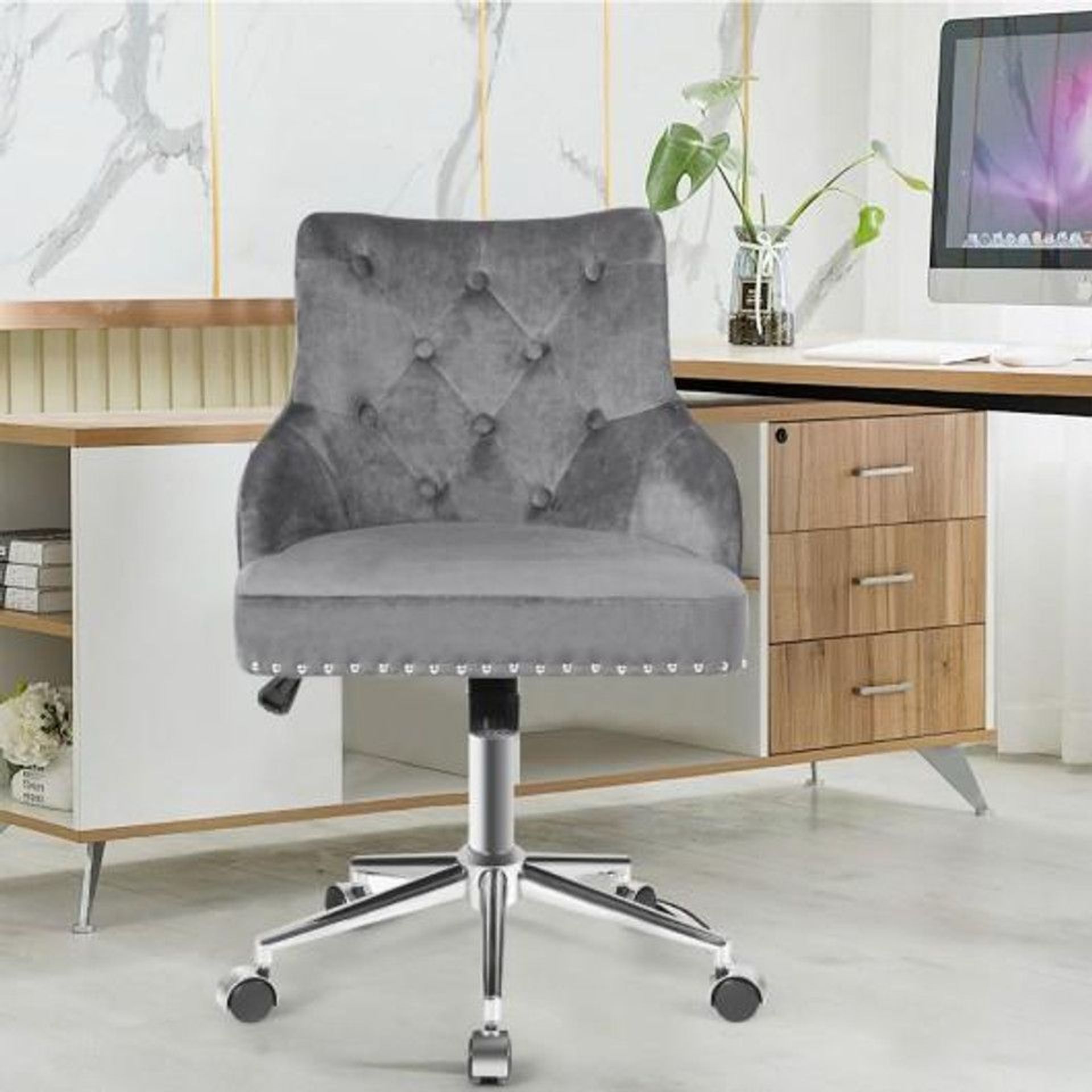 Tufted Upholstered Swivel Computer Desk Chair With Nailed Tri-Gray. - ER25