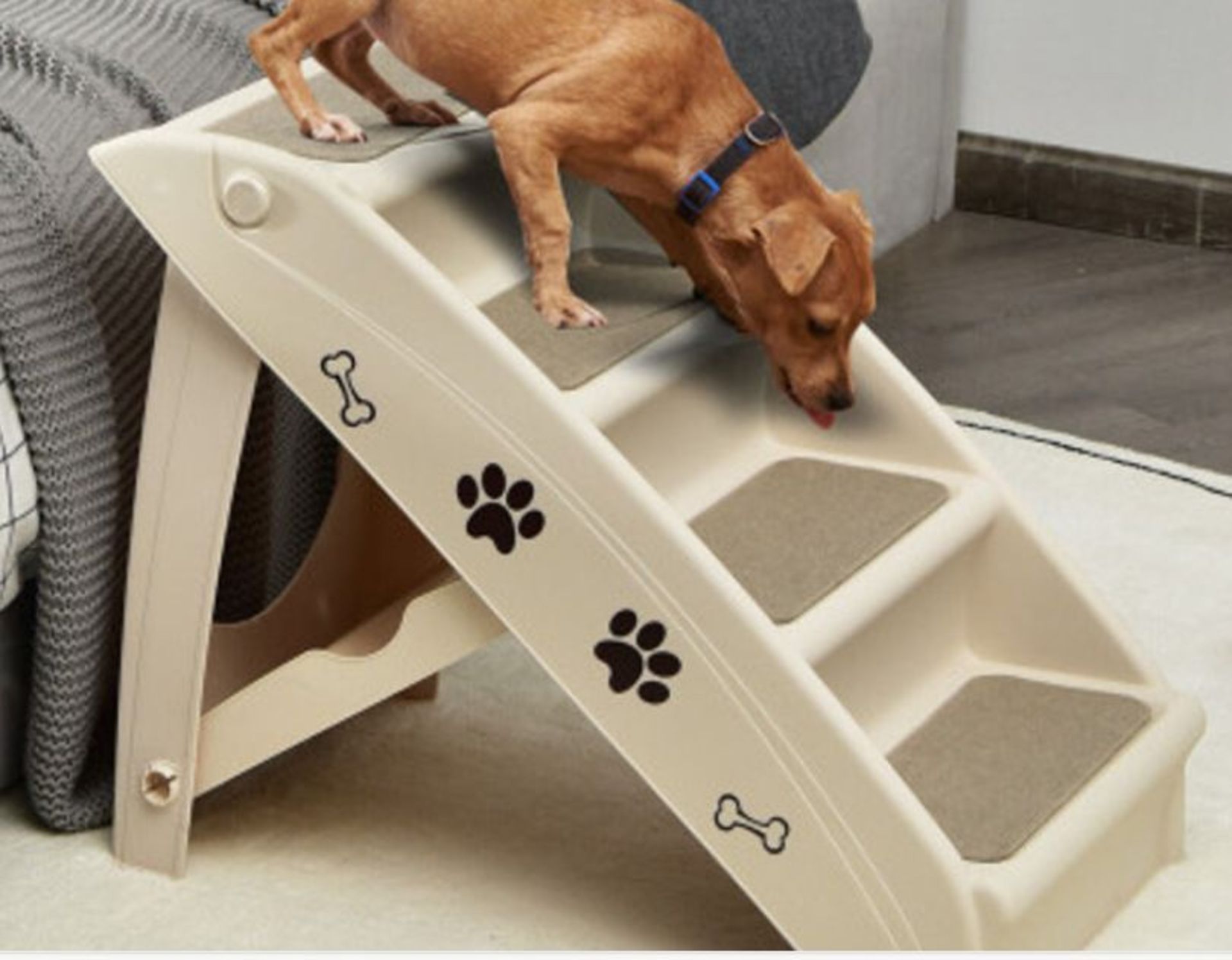 4 Steps Folding Pet Stairs With Safe Side Rail-Beige. - ER25.