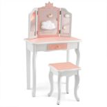 2 in 1 Kids Vanity Table and Stool Set for Girl Children-Pink Snowflake Print. - ER25.