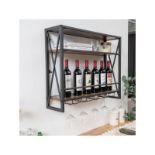 3-Tiers Industrial Wall Mounted Wine Rack with Glass Holder & Metal Frame. - ER24