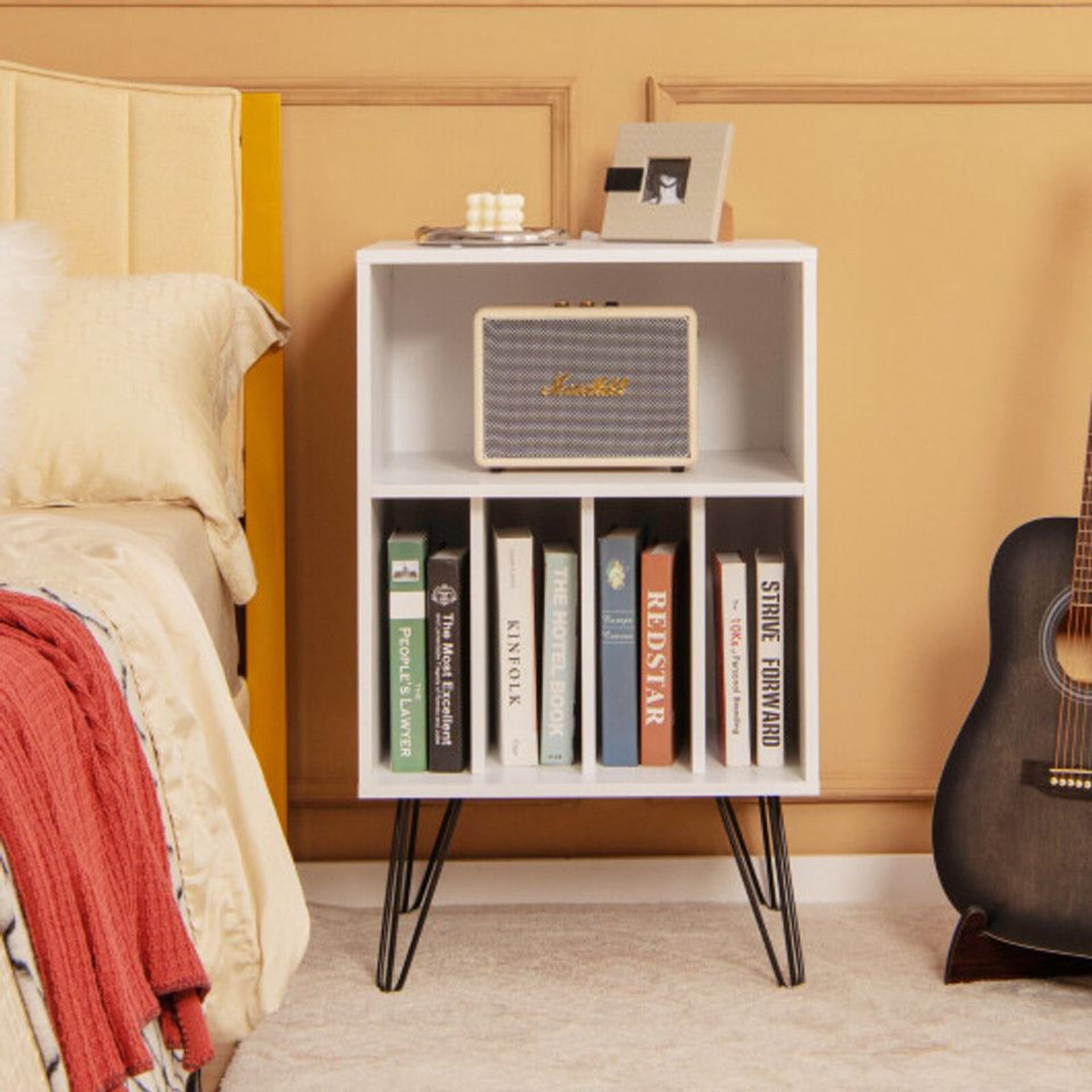 Freestanding Record Player Stand Record Storage Cabinet With Metal Legs-White. - ER24