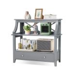 3-Tier X-Shaped Console Table with Drawer and Open Storage Shelves-Grey. - ER25.