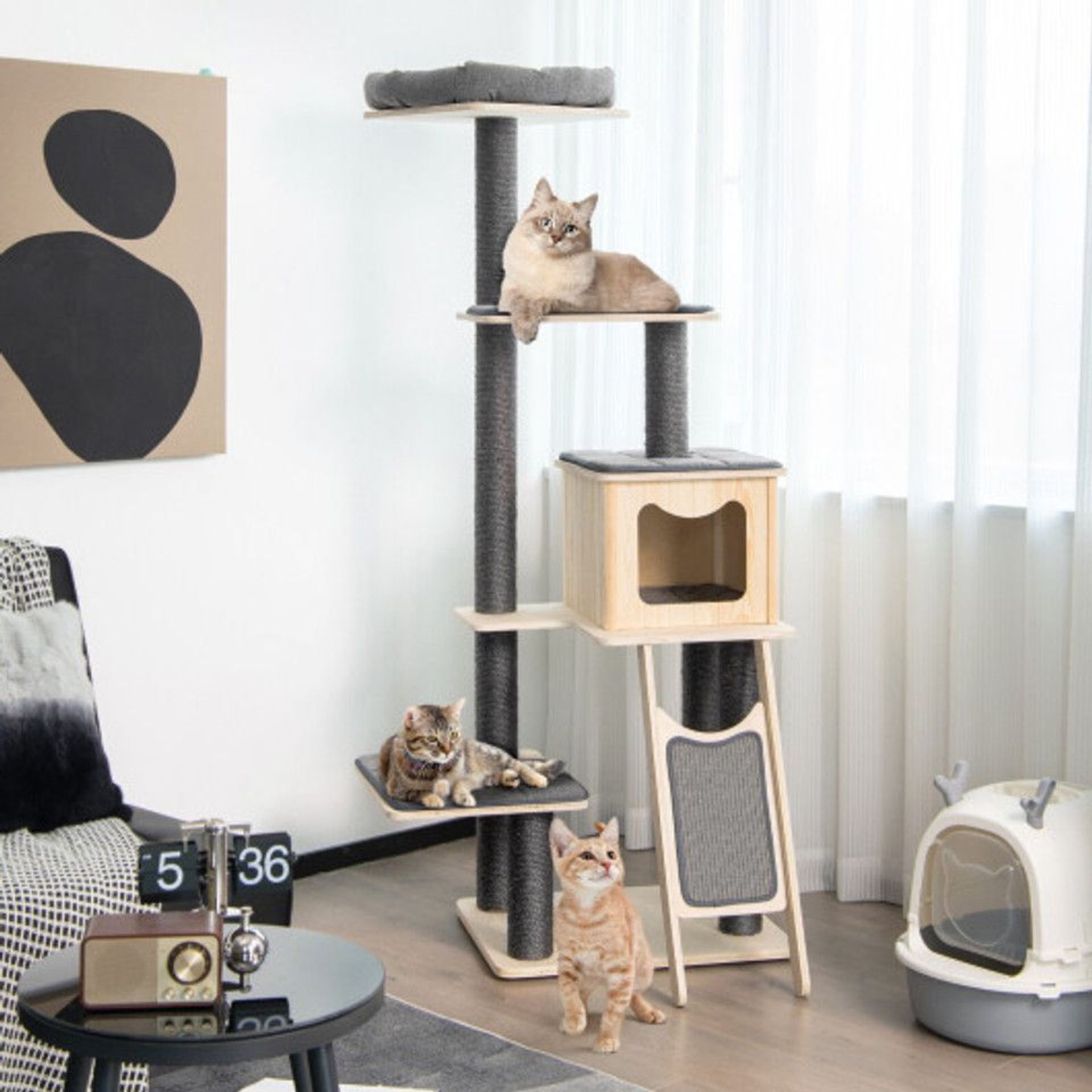 5-Tier Modern Wood Cat Tower With Washable Cushions-Gray. - ER25.