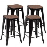Set Of 4 Counter Height Backless Barstool With Wood Seat-Black. - ER24