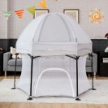 PORTABLE BABY PLAYPEN WITH BREATHABLE MESH AND REMOVABLE CANOPY-GREY. - ER26.