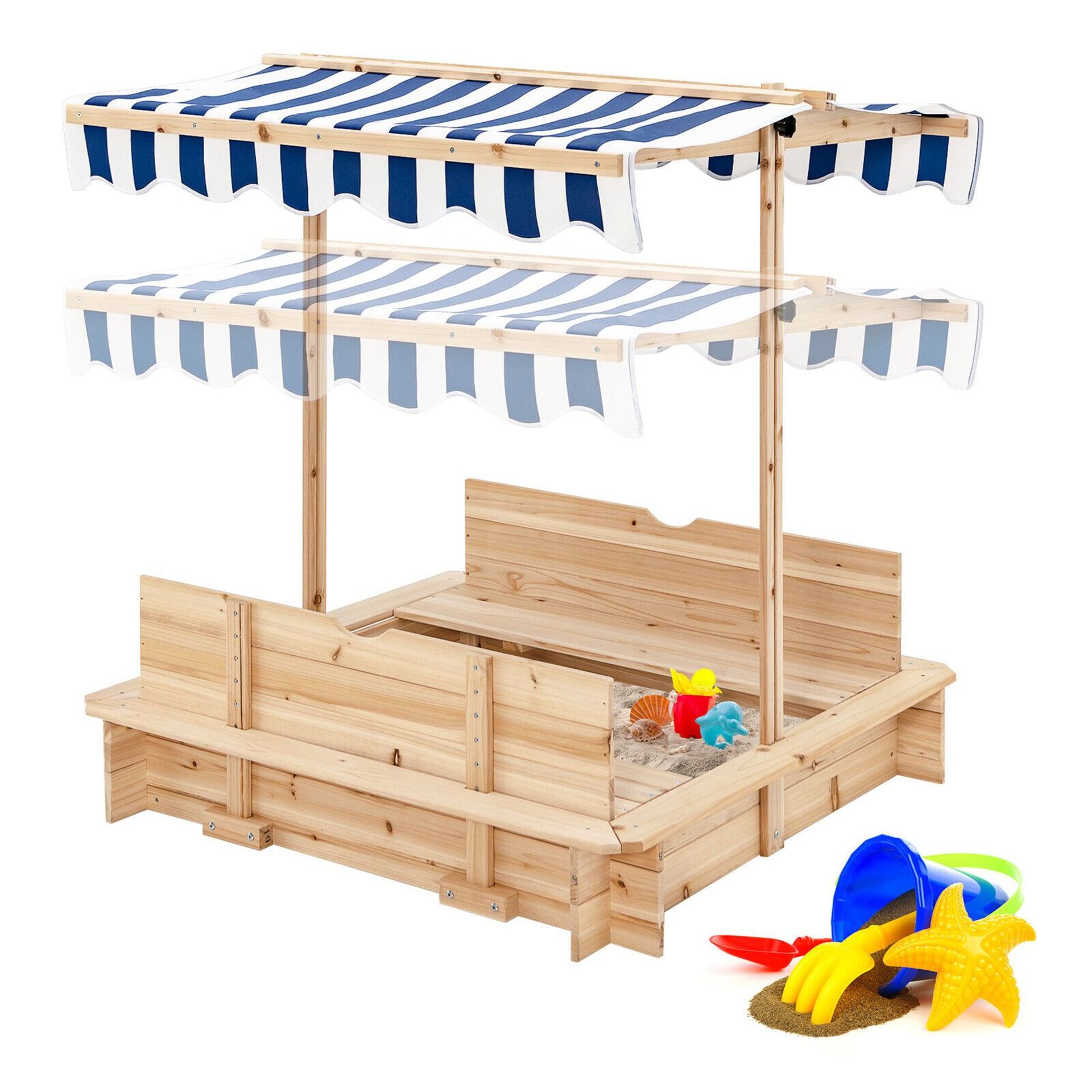 Costway Kids Wooden Sandbox w/ Foldable Bench Seats & Canopy for Sand Storage. - ER26.