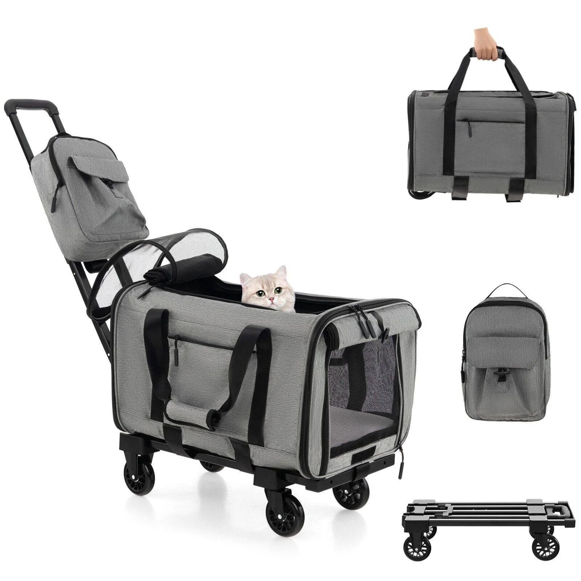 Luxury Rolling Cat Carrier with Dual-use Pads and Litter Bag. - ER24.