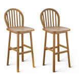 Set of 2 Bar Stools Spindle-Back Bar Height Rubber Wood Kitchen Chairs Natural. - ER26.