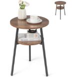 Multigot 2-Tier Round End Table, Metal Frame Wooden Coffee Side Table with Open Storage Shelf,