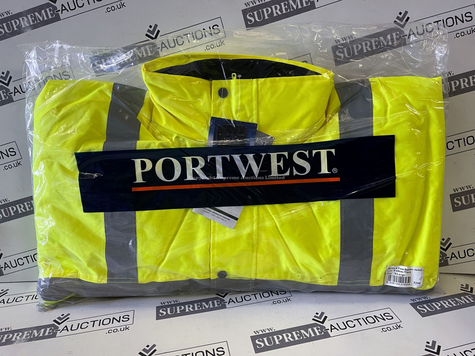 12x BRAND NEW PACKAGED PORTWEST HI-VIS 2 TONE BOMBER JACKETS YELLOW/NAVY - SIZE LARGE. (S2-14)