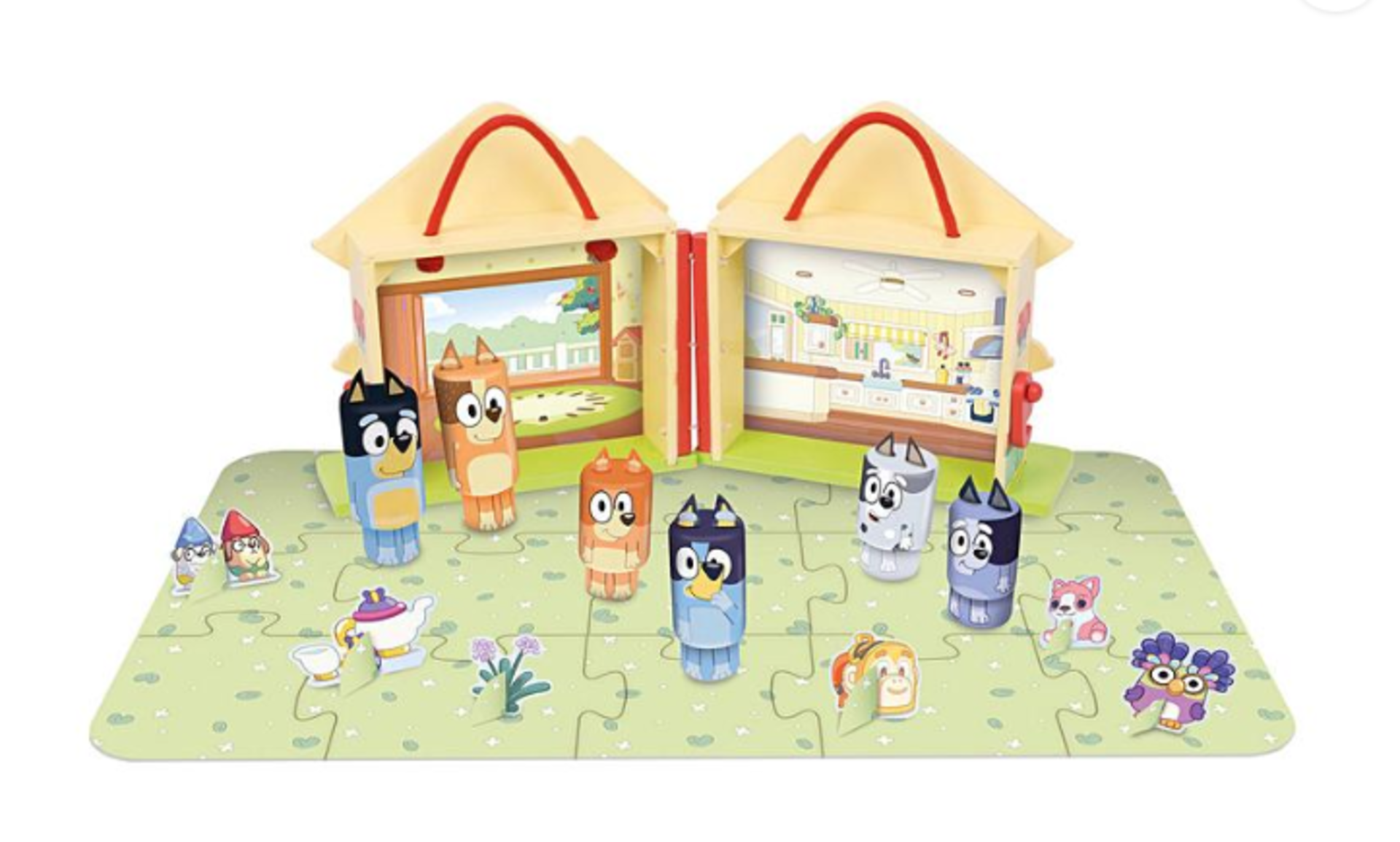Bluey Wooden Carry Along House Playset with 6 Figures. - ER22. Resembling the iconic Heeler House