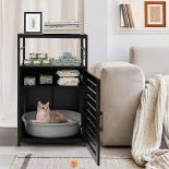 Costway Cat Litter Box Enclosure with Louvered Door& 3-Tier Shelf Cat House Side Table Black.