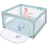 COSTWAY 120 x 120 cm Baby Playpen with 50 Play Balls, Playpen with Breathable Net and Zip,