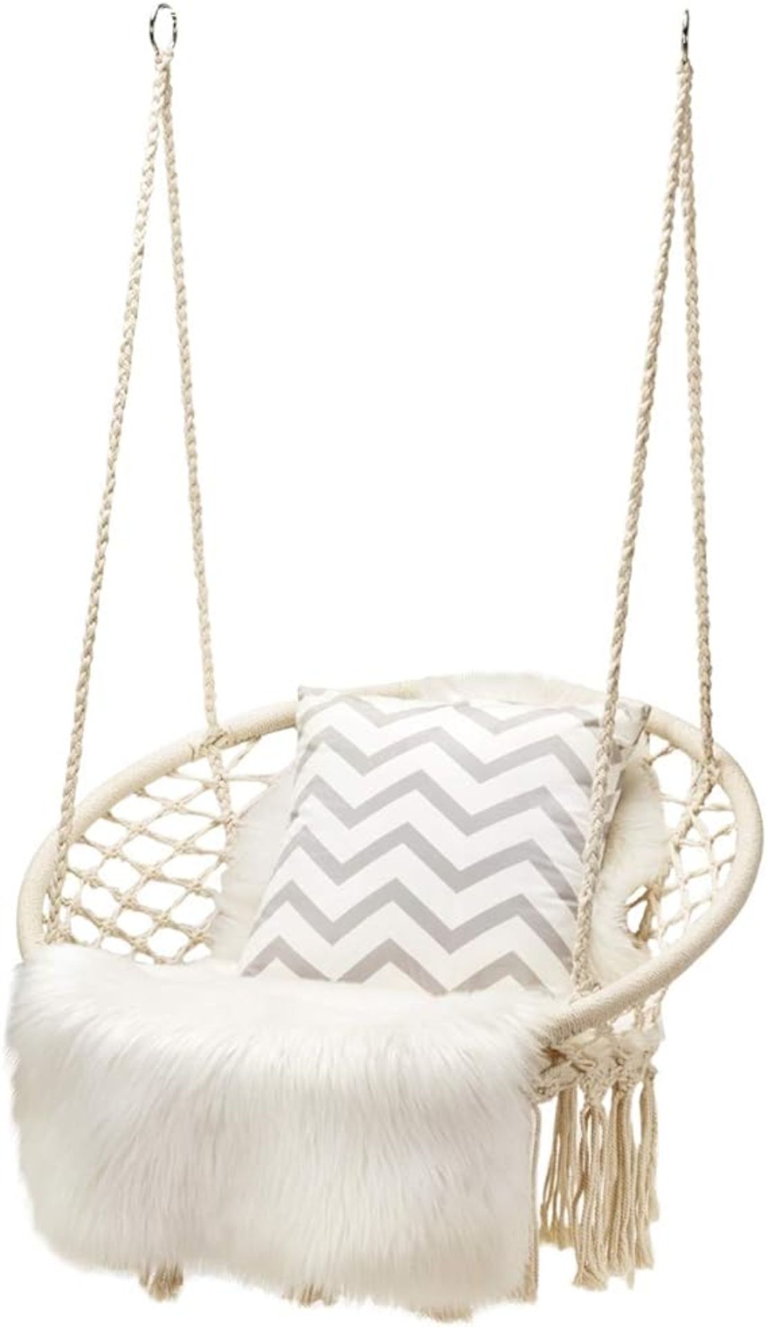 COSTWAY Outdoor & Indoor Swing Chair with LED Lights, Cotton Rope Macrame Hanging Chair, Tassels