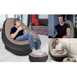 2x ECASA Inflatable Deluxe Lounge Flocked Lounger Chair With Foot Stool Seat Brown - ER45