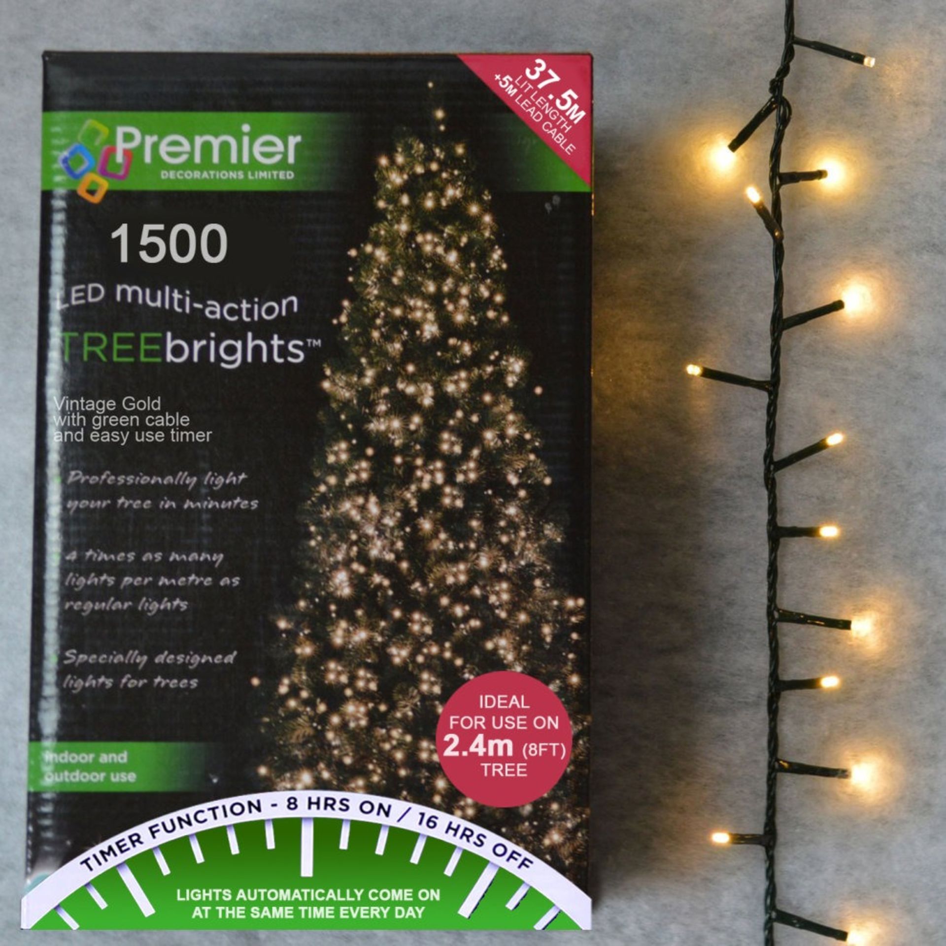 1500 LED 37.5m Premier TreeBrights Indoor Outdoor Christmas Multi Function Mains Operated String
