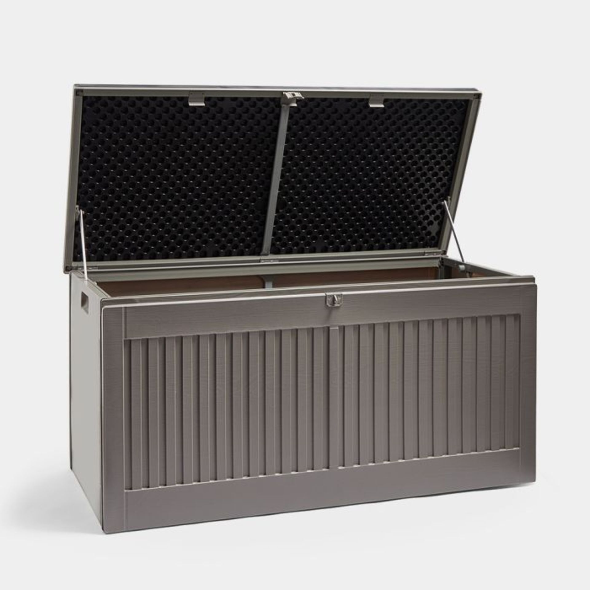 270L Plastic Outdoor Storage Box. - Er33. Slam-proof and smooth, easy access whilst avoiding trapped