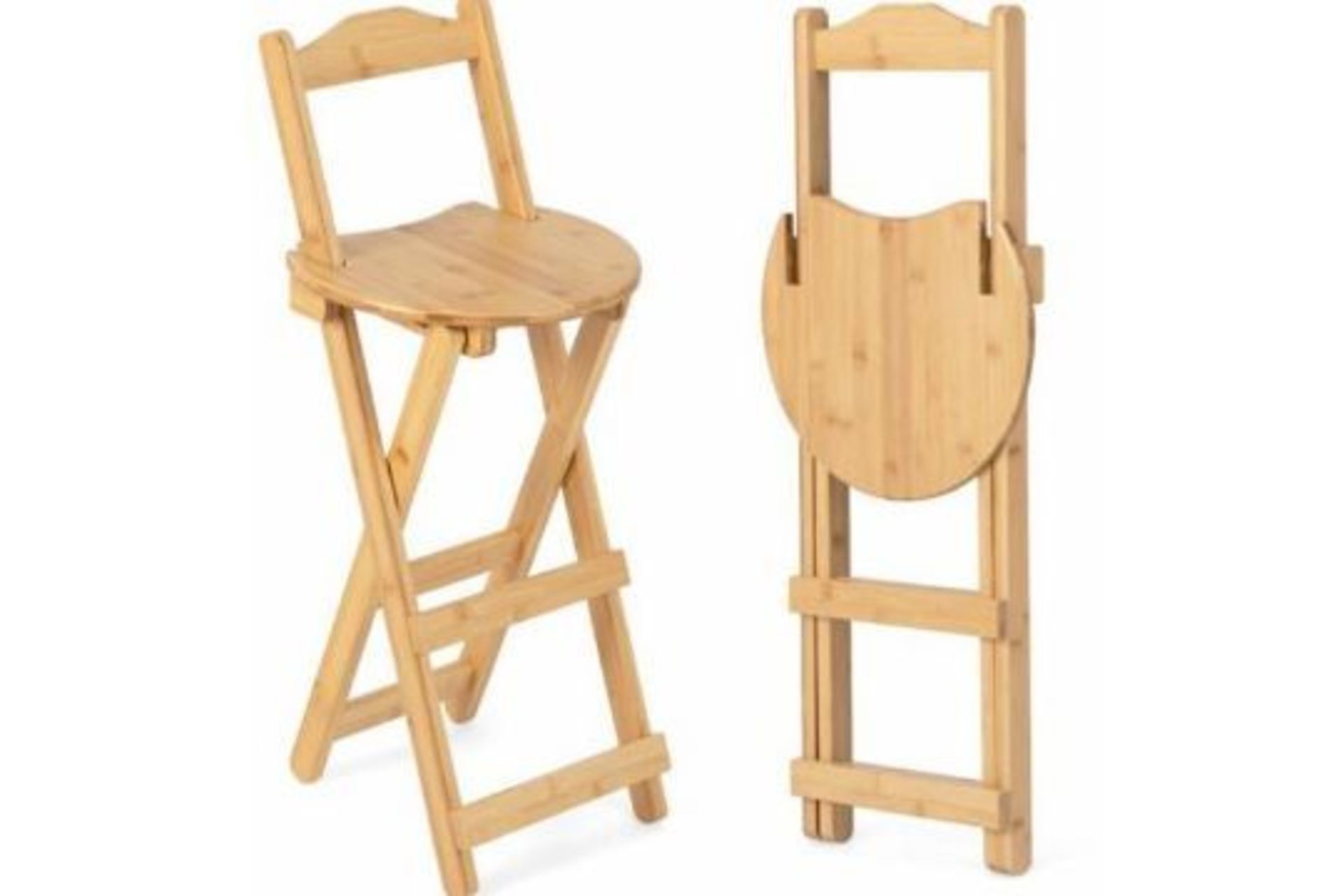 Set of 2 Folding Bar Stool Bamboo Kitchen Counter Height Stools with Backrest. - R14.3. Complete