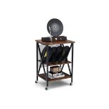 Multigot Record Player Stand, 3 Tiers Industrial Rolling End Table with Lockable Wheels, Metal Guard