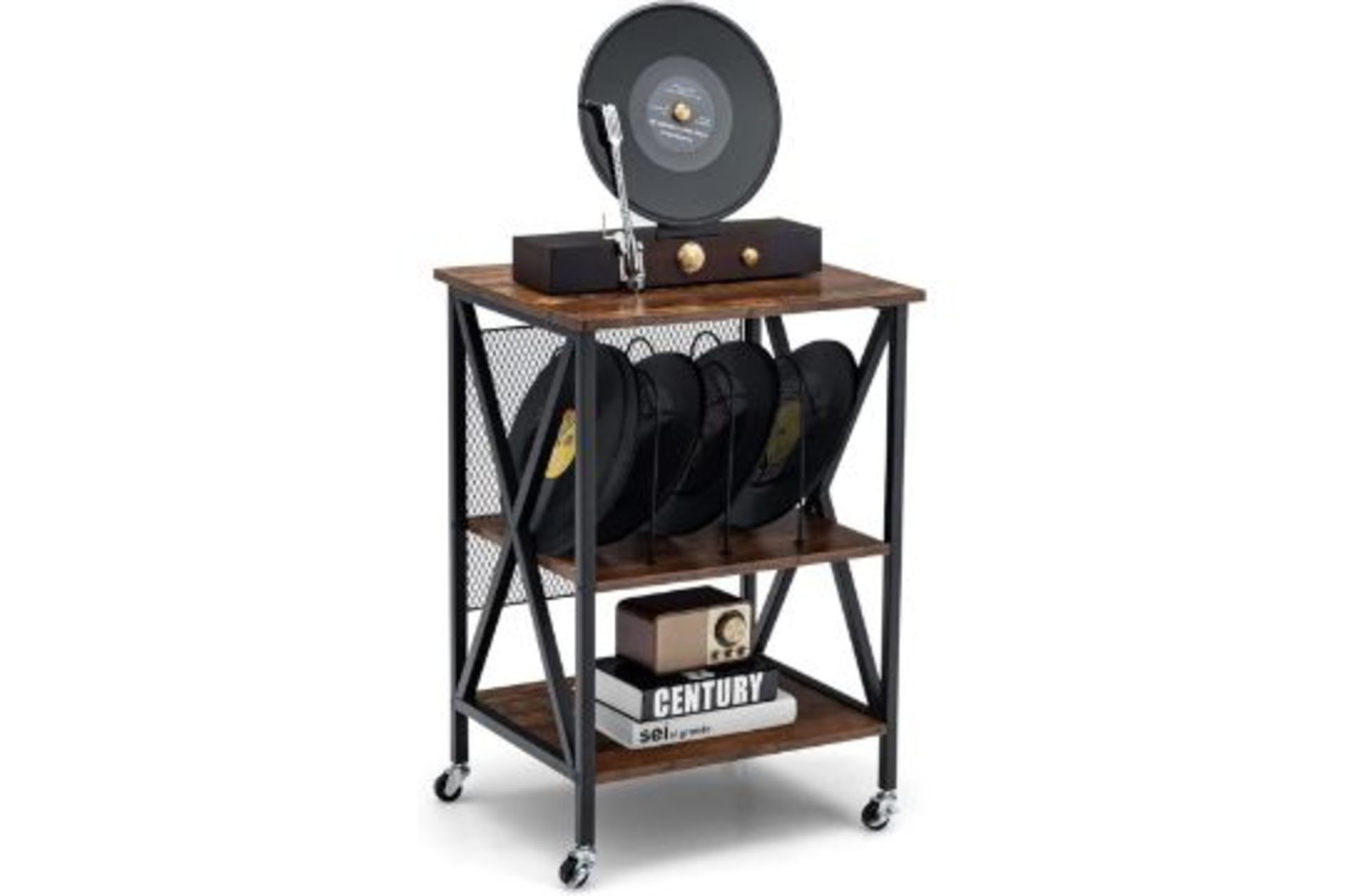 Multigot Record Player Stand, 3 Tiers Industrial Rolling End Table with Lockable Wheels, Metal Guard