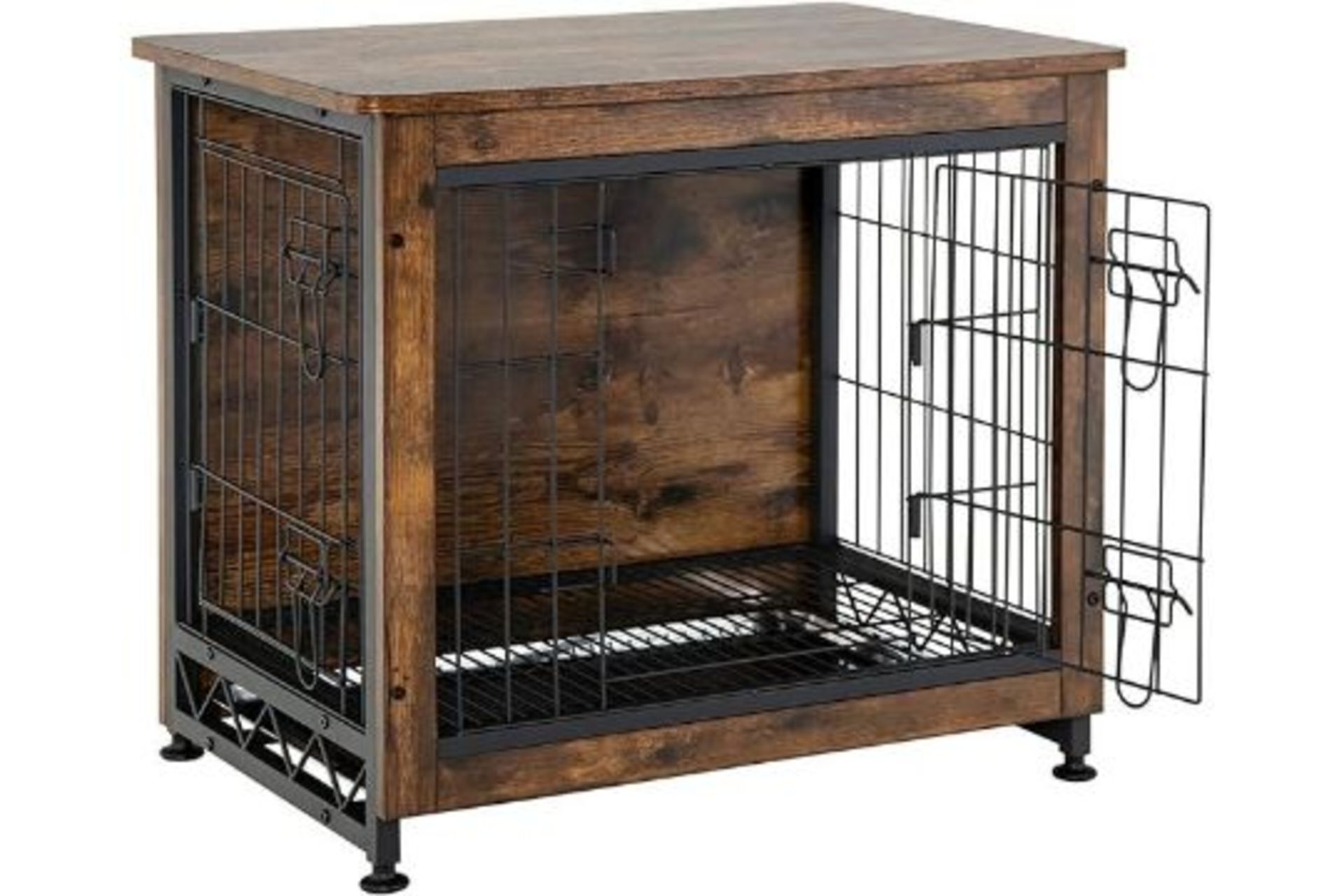 Luxury Wooden Dog Crate with Removable Tray, 2 Doors Puppy Wire Cage End Table, Lockable Pet