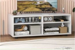 HOME TV STAND WITH 5 POSITIONS ADJUSTABLE SHELVES FOR TV UP TO 4 CUBBIES-WHITE . - R14.5. A great