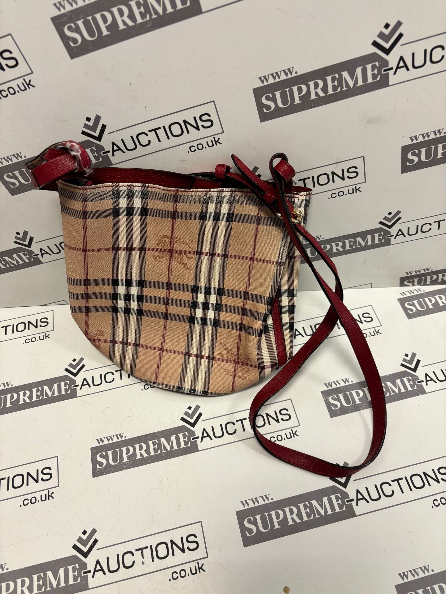 (No Vat) Burberry Leather And Haymarket Check Crossbody Bucket Bag Poppy Red approx 23x22cm. - Image 4 of 10