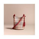 (No Vat) Burberry Leather And Haymarket Check Crossbody Bucket Bag Poppy Red approx 23x22cm.