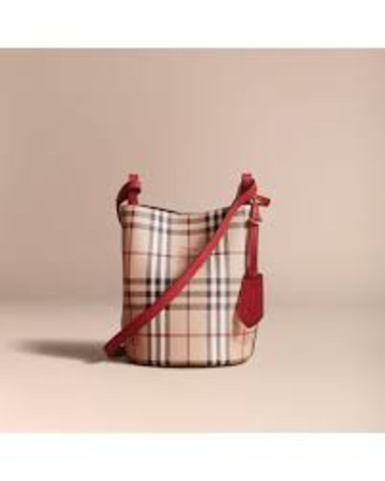 (No Vat) Burberry Leather And Haymarket Check Crossbody Bucket Bag Poppy Red approx 23x22cm.