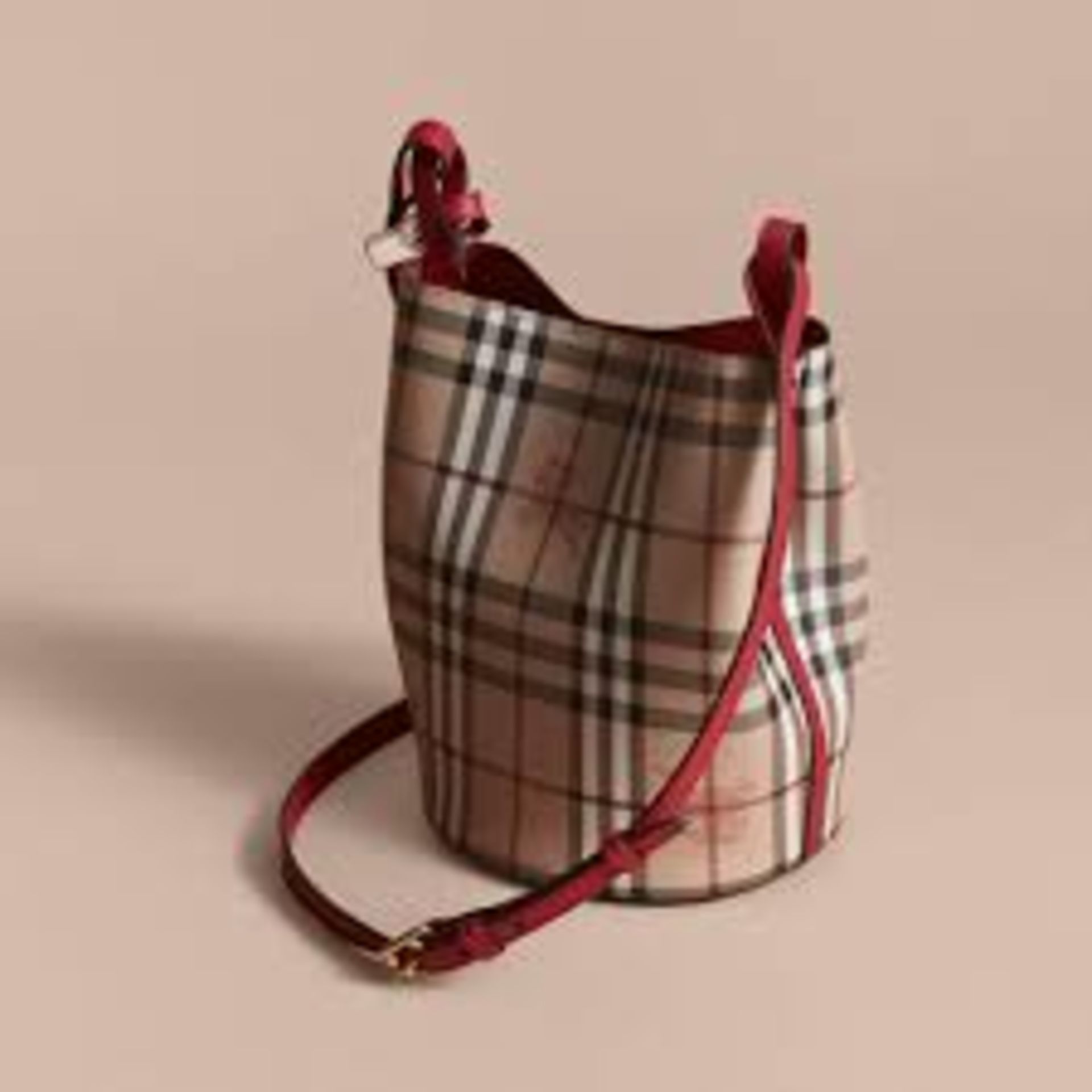 (No Vat) Burberry Leather And Haymarket Check Crossbody Bucket Bag Poppy Red approx 23x22cm. - Image 2 of 10