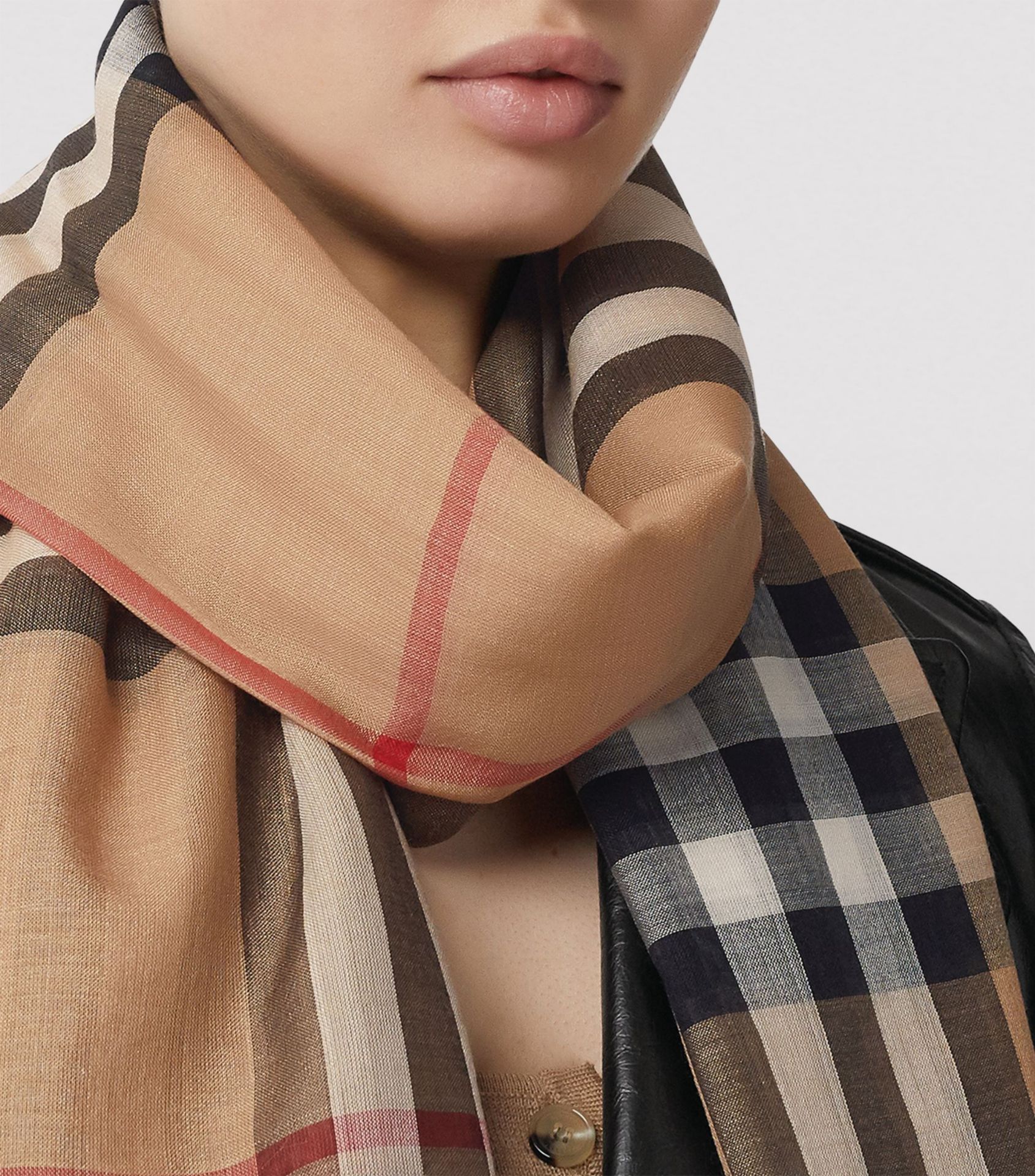 (No Vat) Burberry Fringed checked wool and silk-blend scarf.
