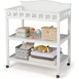 Baby Changing Table, Mobile Infant Diaper Station with 2 Open Shelves and Lockable Wheels, Wooden