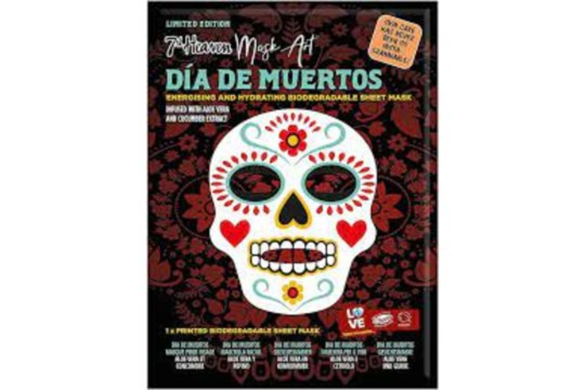 72 X BRAND NEW 7TH HEAVEN DIS DE MUERTOS ENERGISING AND HYDRATING BIODEGRADEABLE SHEET MASKS PW