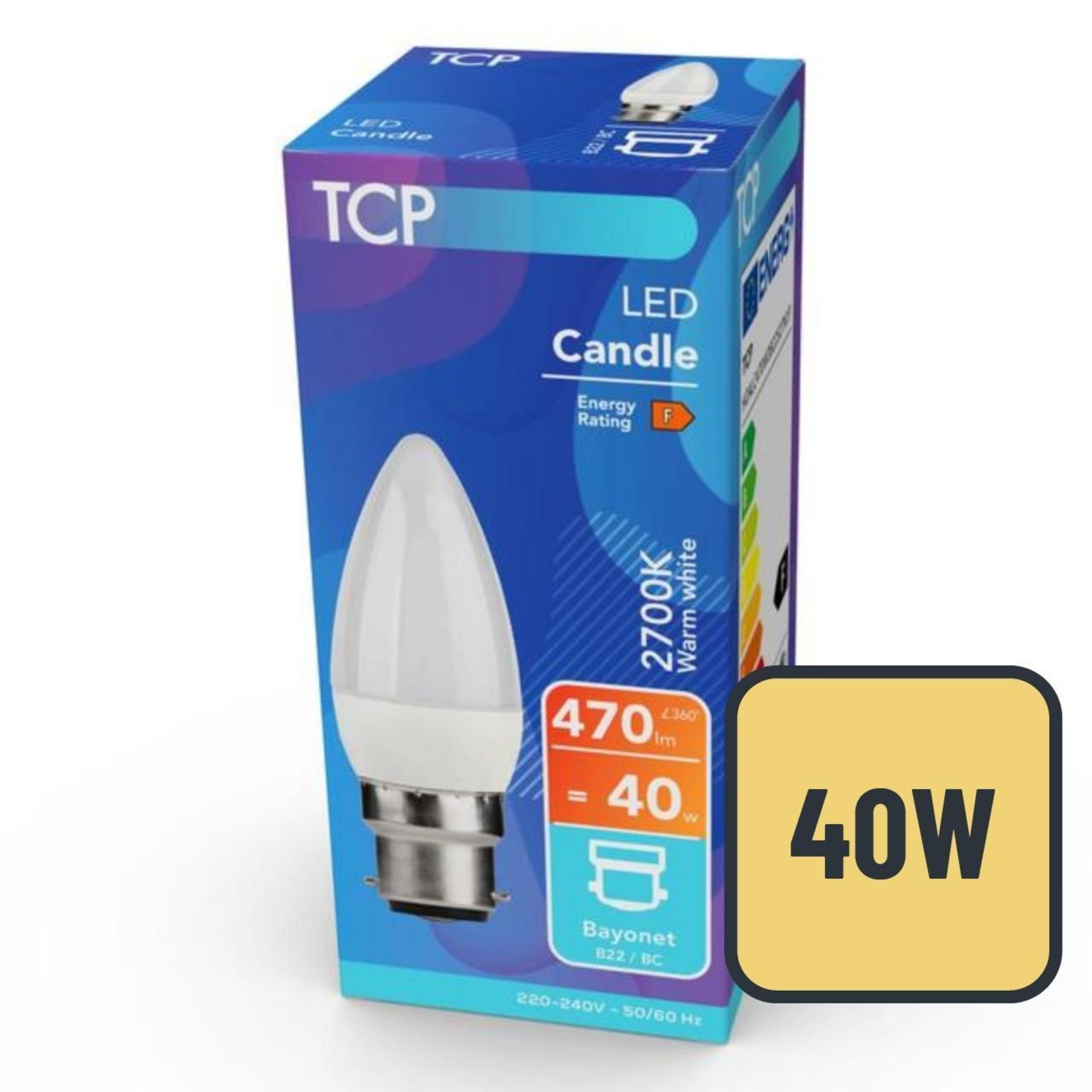 TRADE PALLET TO CONTAIN 2044x BRAND NEW TCP LED 470 Lumen Non-Dimmable 5.1w Coated B22 Candle